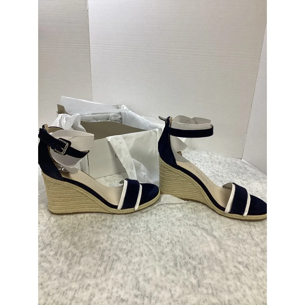 Calvin Klein Noshela Dark Blue White Espadrille Wedge Sandals‎ Womens 11 M NEW